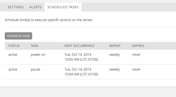Schedule Tasks from to Control Portal to manage your cloud servers.