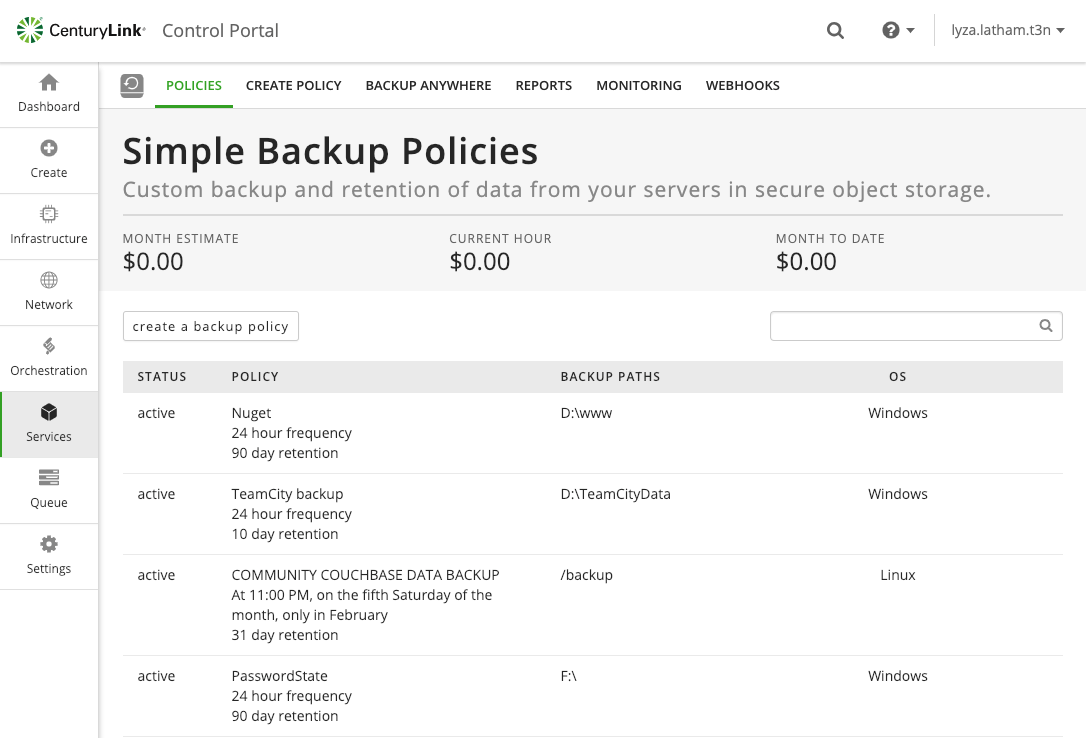Screenshot of a simple backup policy that has been applied to many servers