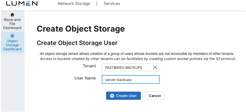 Create Object Storage User dialog