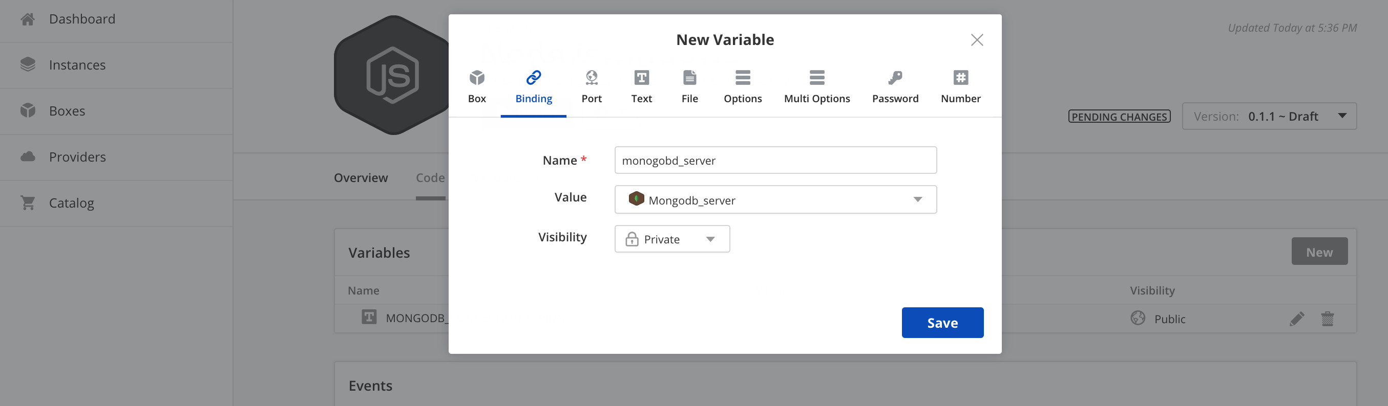 Define Binding Variable in box MongoDB