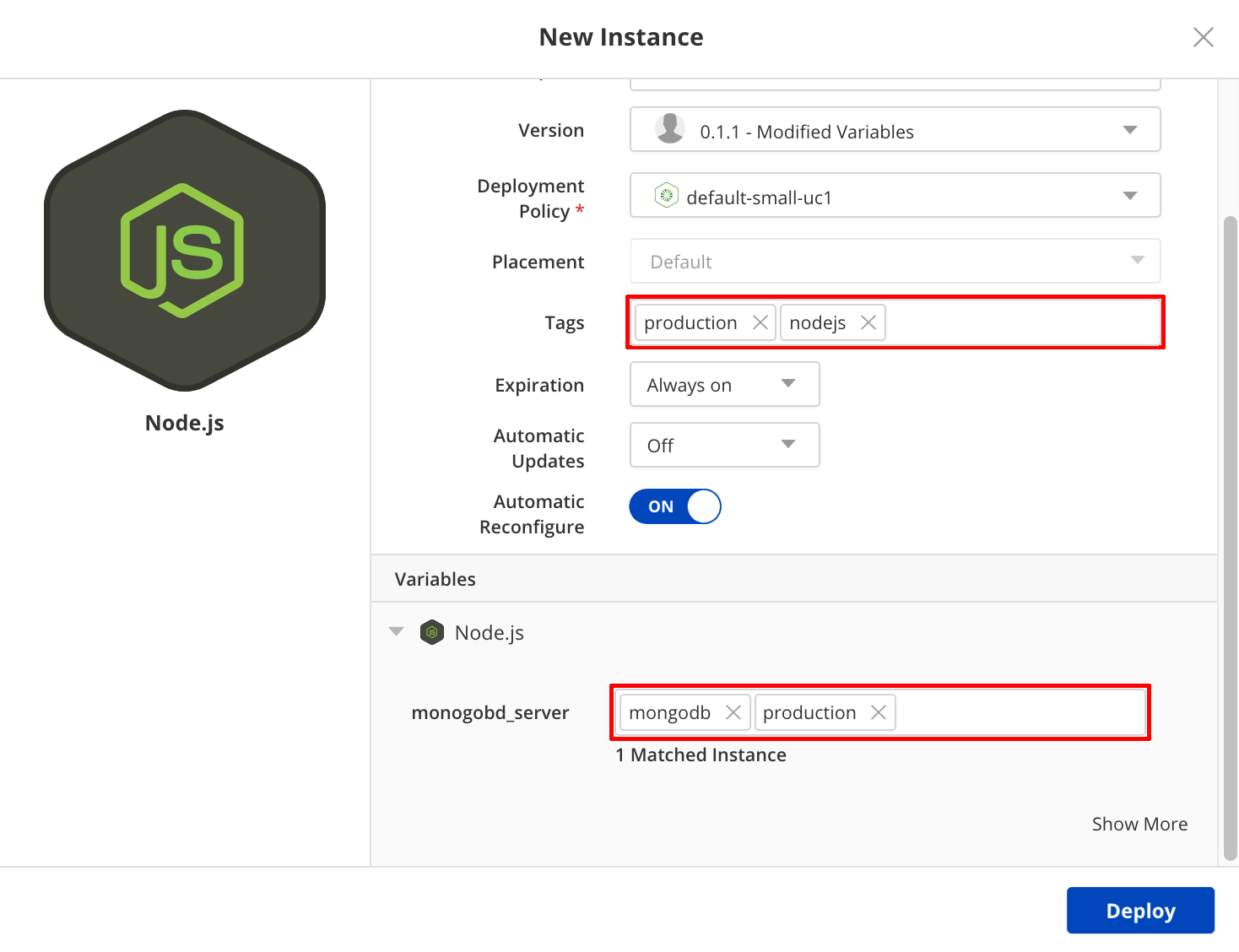 Tag Bindings between Node and MongoDB