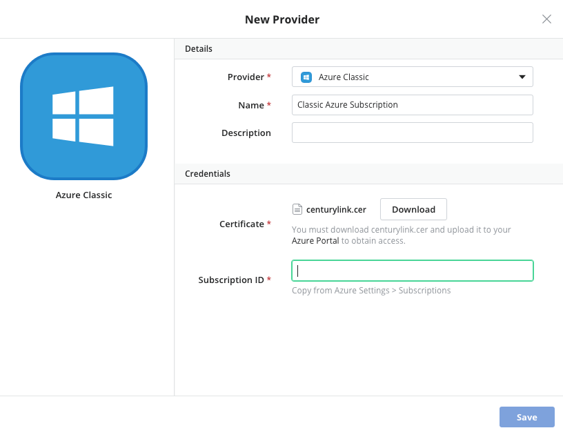 Azure Classic paste subscription ID in CAM