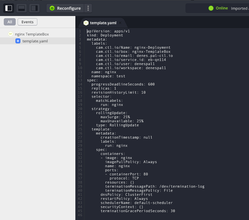 Lifecycle Editor showing the template of an imported Kubernetes resource