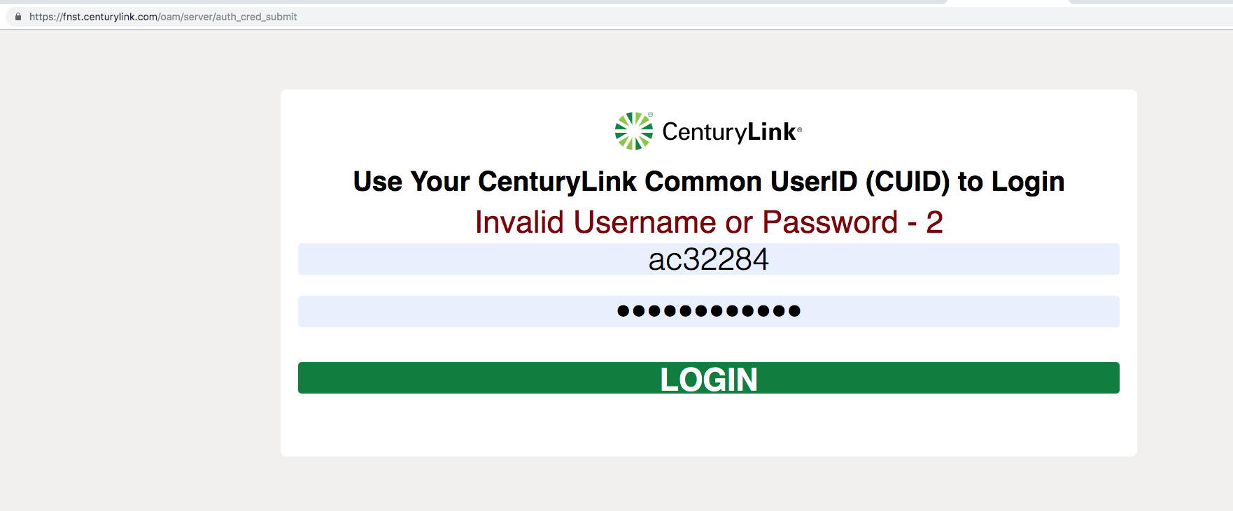 Example SAML login error message