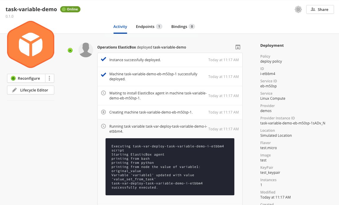 deployment of instance with task variables