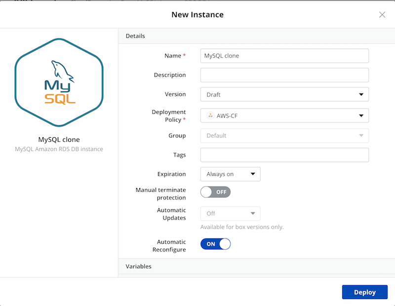 Deploy the database Instance