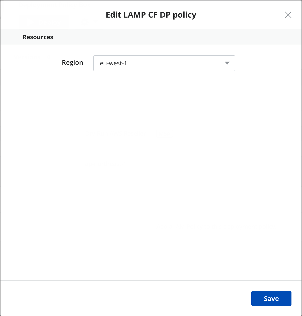 add region to Deployment policy box