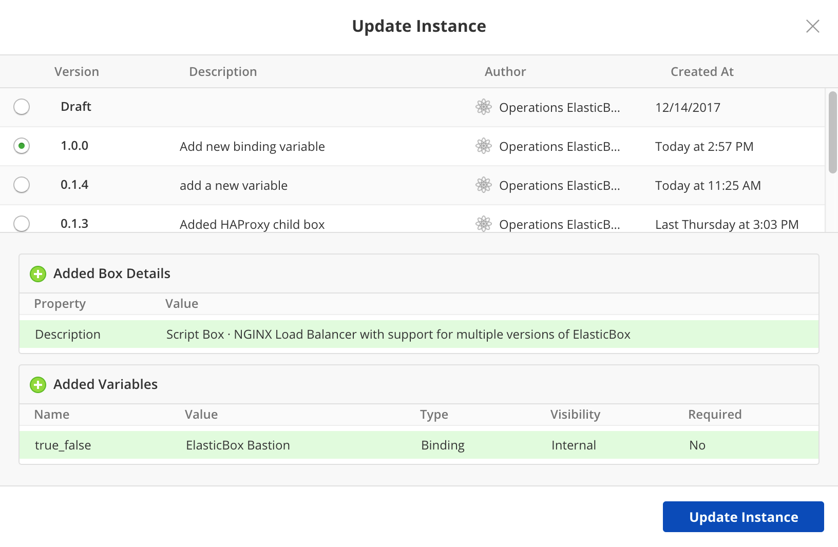 Version control - Update instance modal