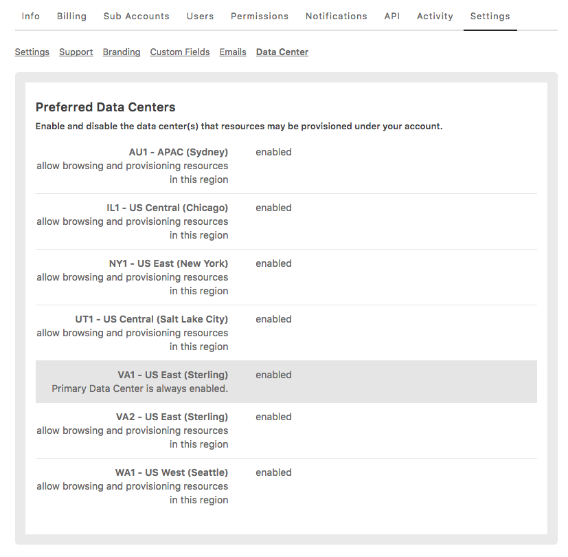 Data Center Menu