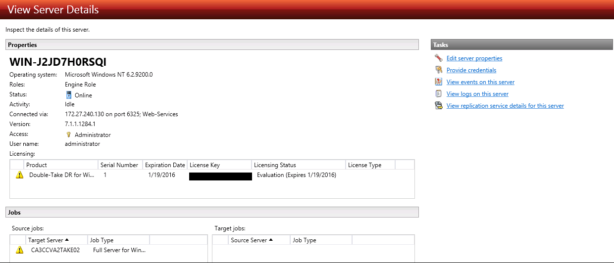 DT console DR source server details