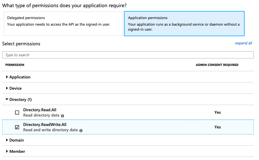 MS Azure Services API application permissions