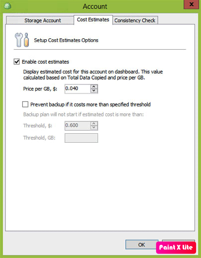 Optionally, input cost estimate parameters as part of the storage account setup