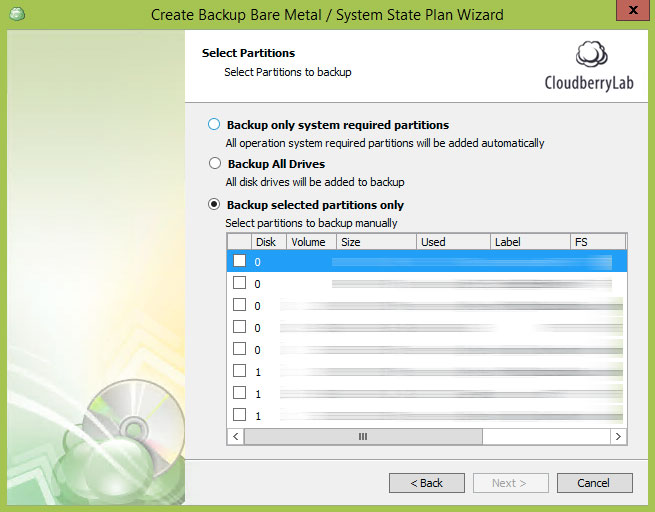 Select the partitions that you want to back up