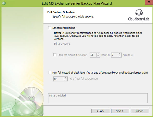 Set compression and encryption parameters. Schedule recurrence and define full backup